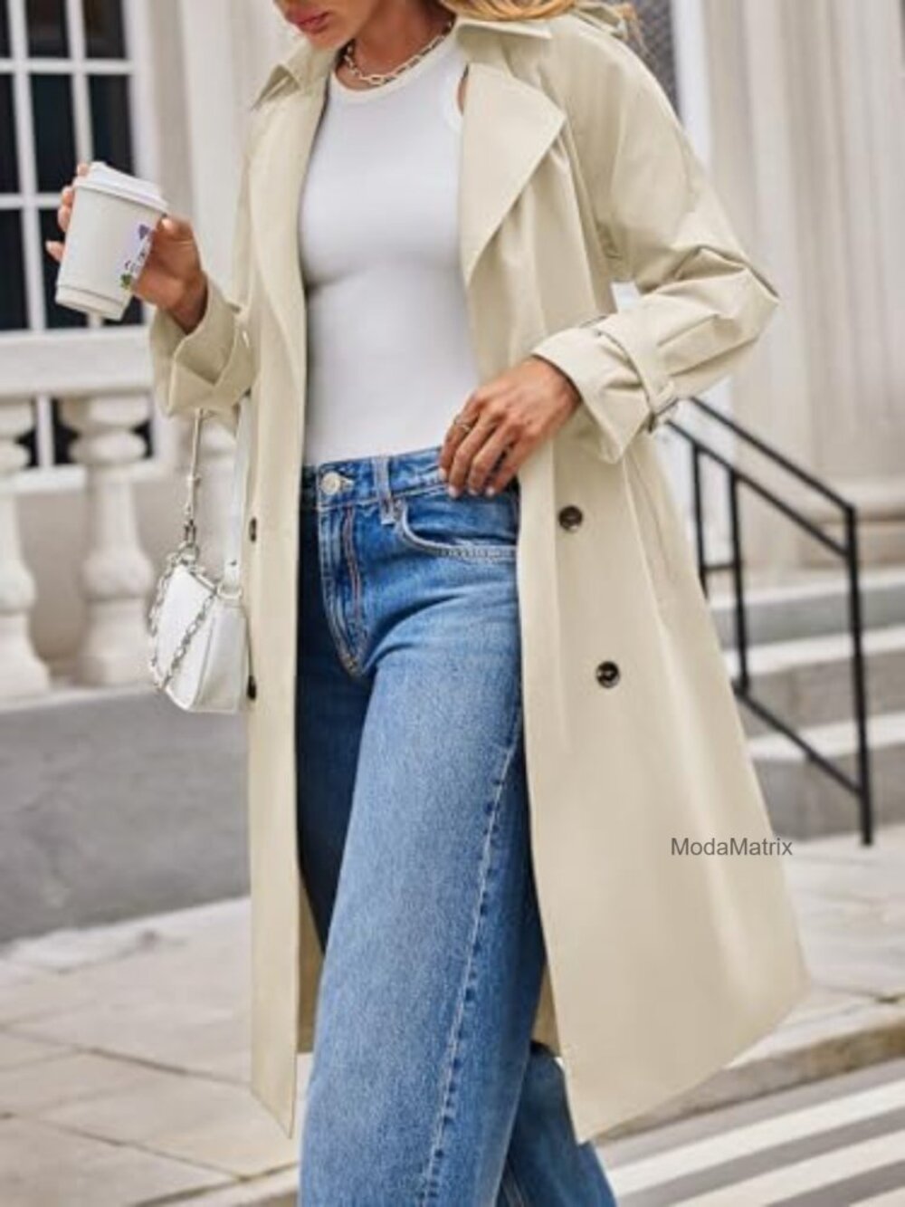 Womens Long Trench Coat Double Breasted Notch Lapel Overcoat - Picture 2 of 5